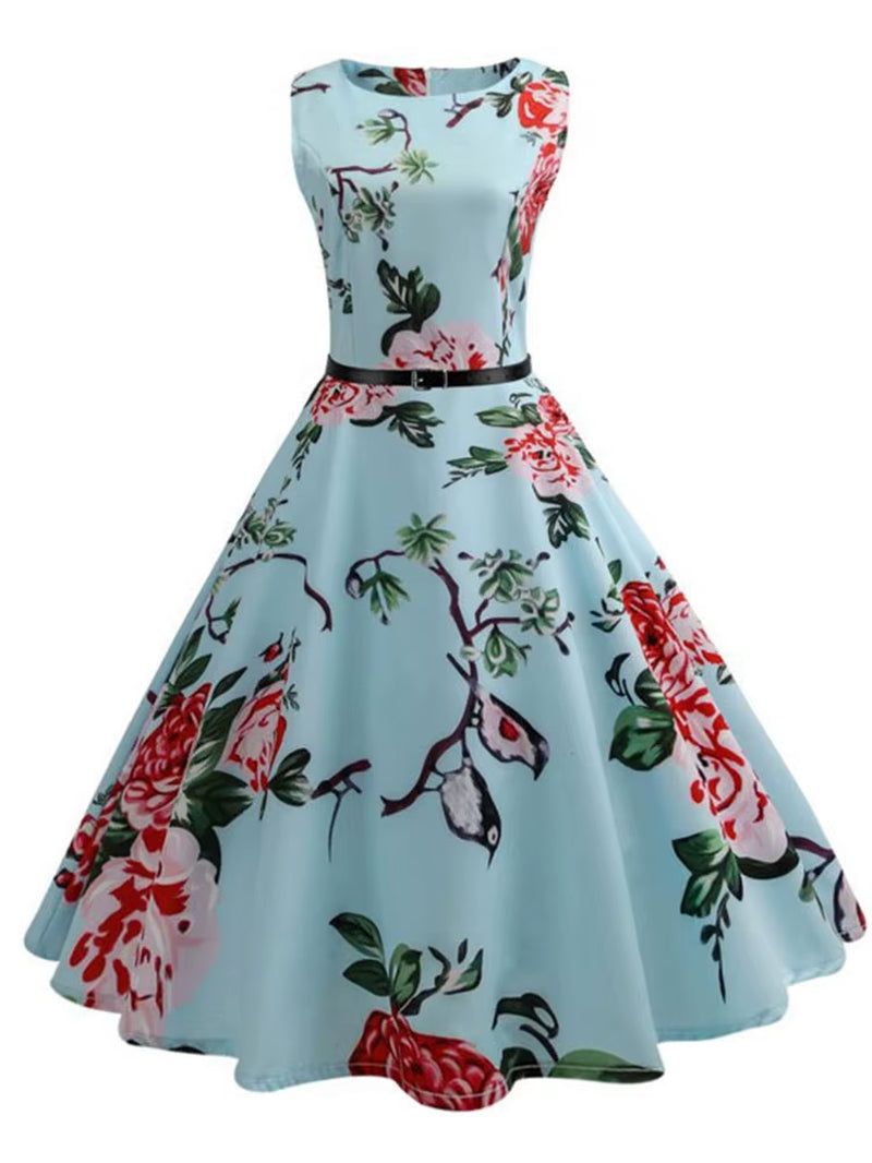 Summer Women Dresses Casual Floral Retro Vintage 50S 60S Robe Rockabilly Swing Pinup Vestidos Valentines Day Party Dress