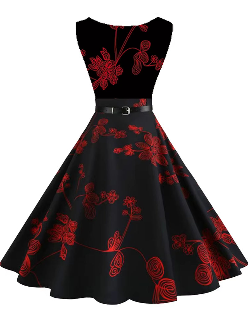 Summer Women Dresses Casual Floral Retro Vintage 50S 60S Robe Rockabilly Swing Pinup Vestidos Valentines Day Party Dress